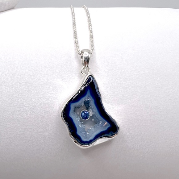 Genuine Blue Agate .925 Sterling Silver Necklace - Picture 7 of 16